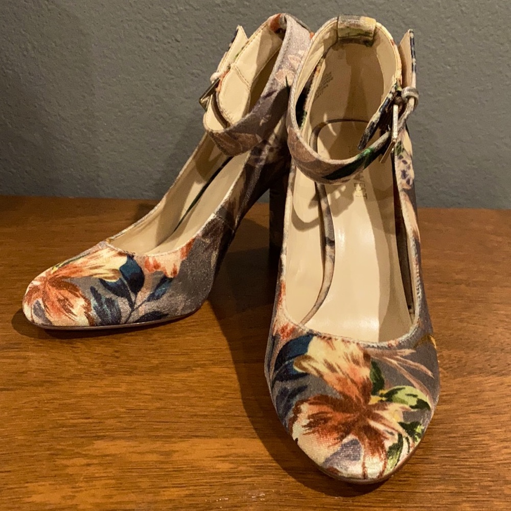 Nine West Velvet Floral 3” Heels with Ankle Strap